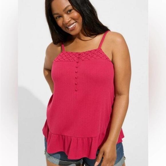 Torrid Cherries Jubilee Texture Knit Woven Eyelet Square Neck Swing Tank - Picture 2 of 8
